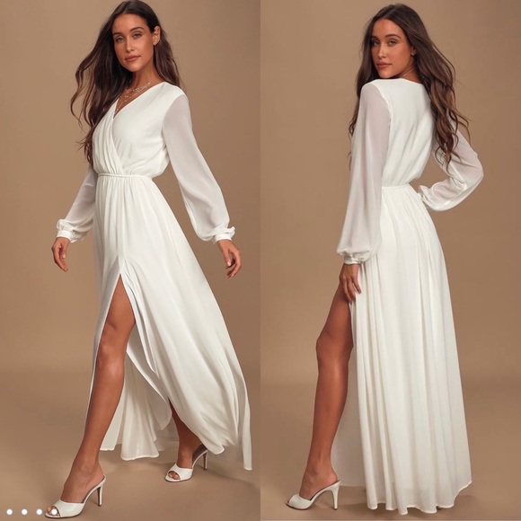 Miss Avenue Dresses & Skirts - NEW Miss Avenue Off White Long Chiffon Slit V Neck Long Sleeve Maxi Dress